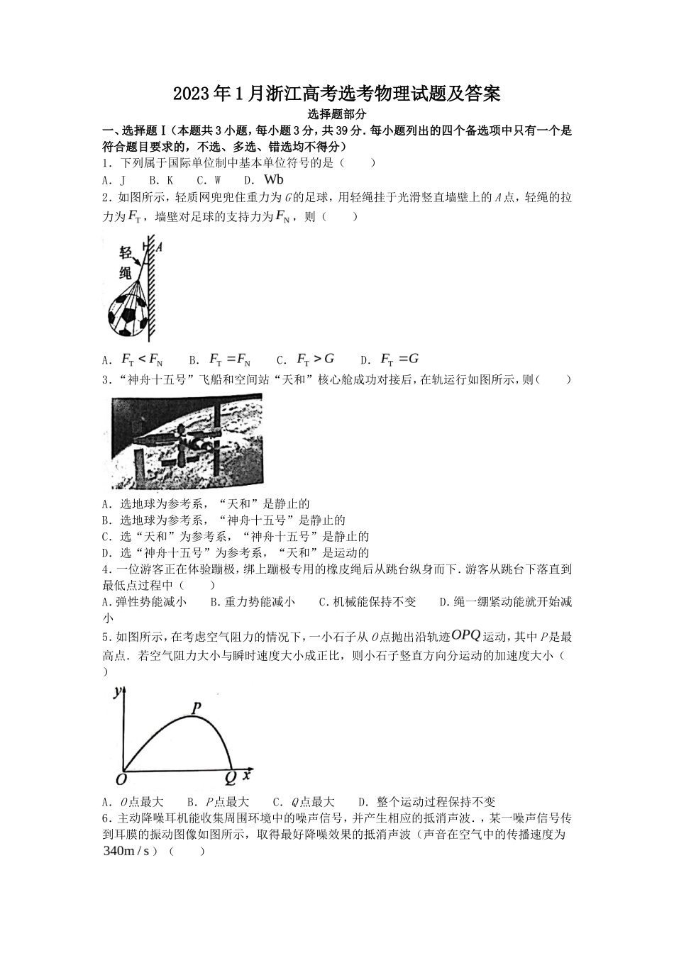 2023年1月浙江高考选考物理试题及答案_第1页