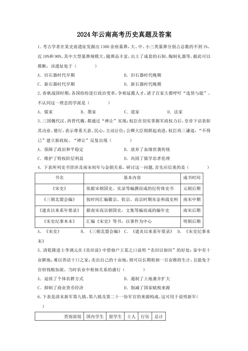 2024年云南高考历史真题及答案_第1页