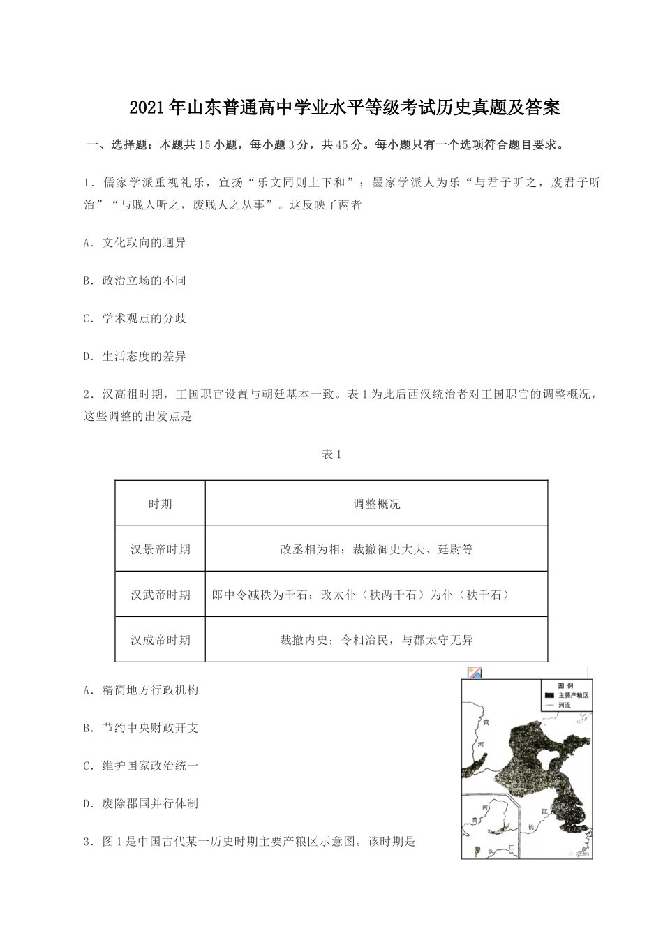 2021年山东普通高中学业水平等级考试历史真题及答案_第1页