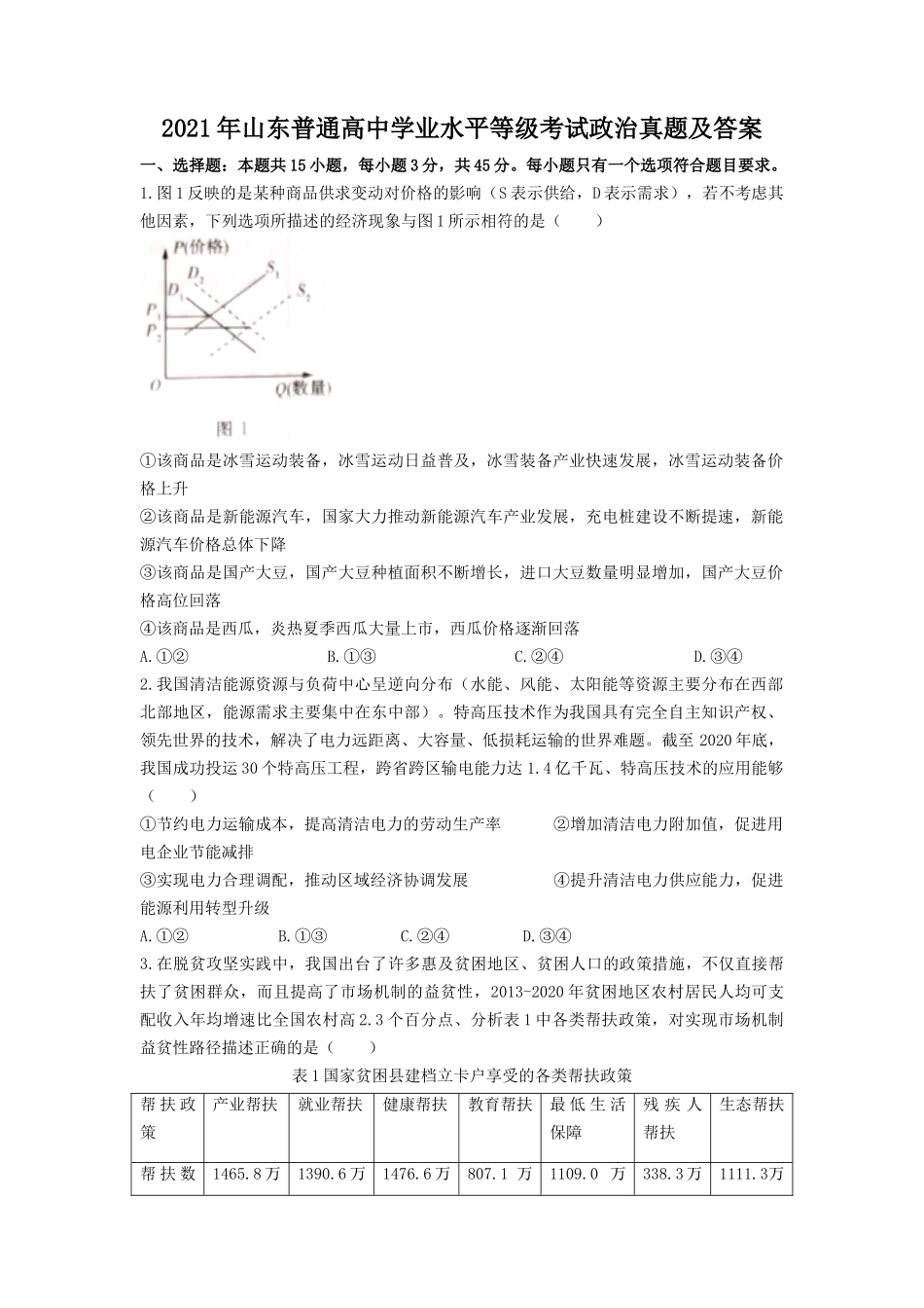 2021年山东普通高中学业水平等级考试政治真题及答案_第1页
