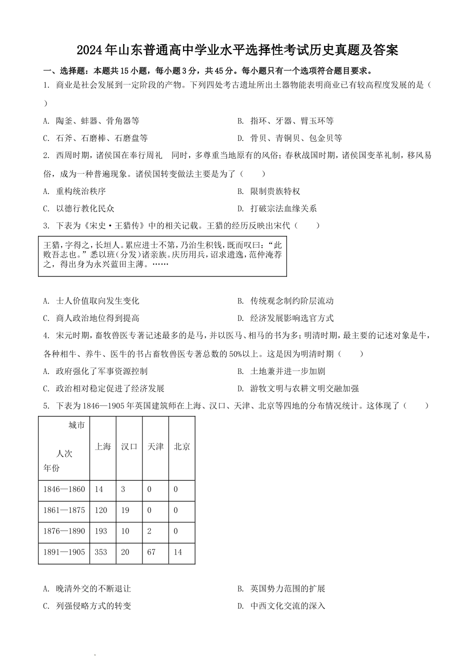 2024年山东普通高中学业水平选择性考试历史真题及答案_第1页
