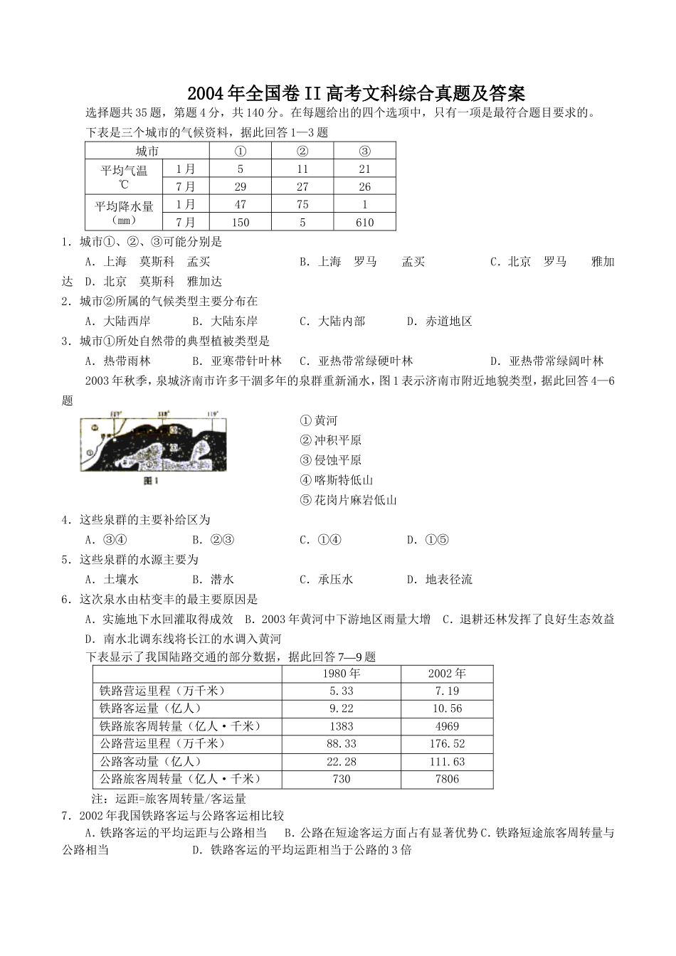 2004年全国卷II高考文科综合真题及答案_第1页