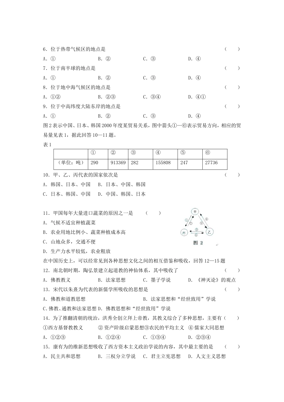 2005全国卷III高考文科综合真题及答案_第2页