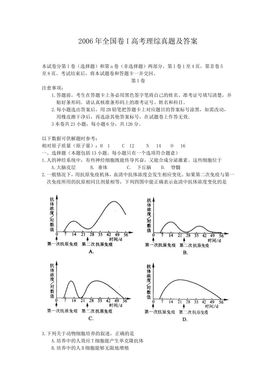 2006年全国卷I高考理综真题及答案_第1页