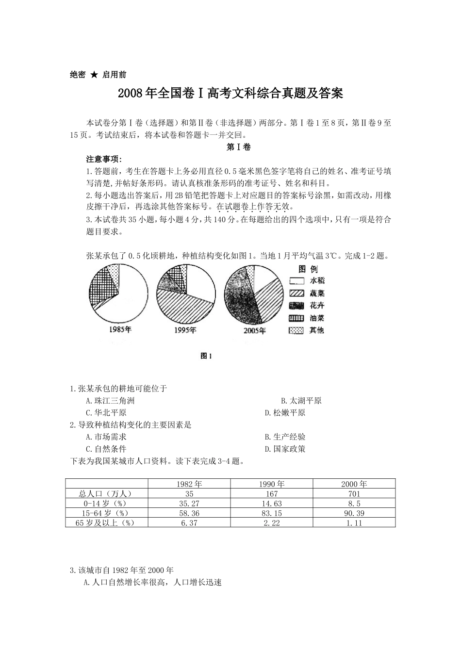 2008年全国卷Ⅰ高考文科综合真题及答案_第1页