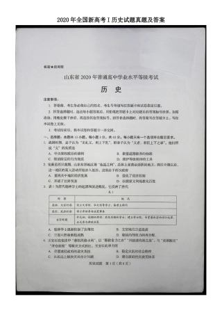 2020年全国新高考I历史试题真题及答案