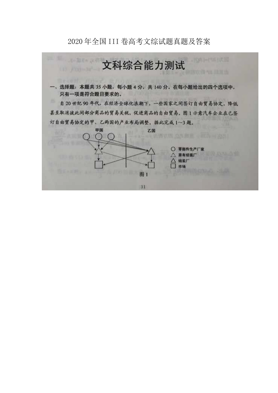 2020年全国III卷高考文综试题真题及答案_第1页