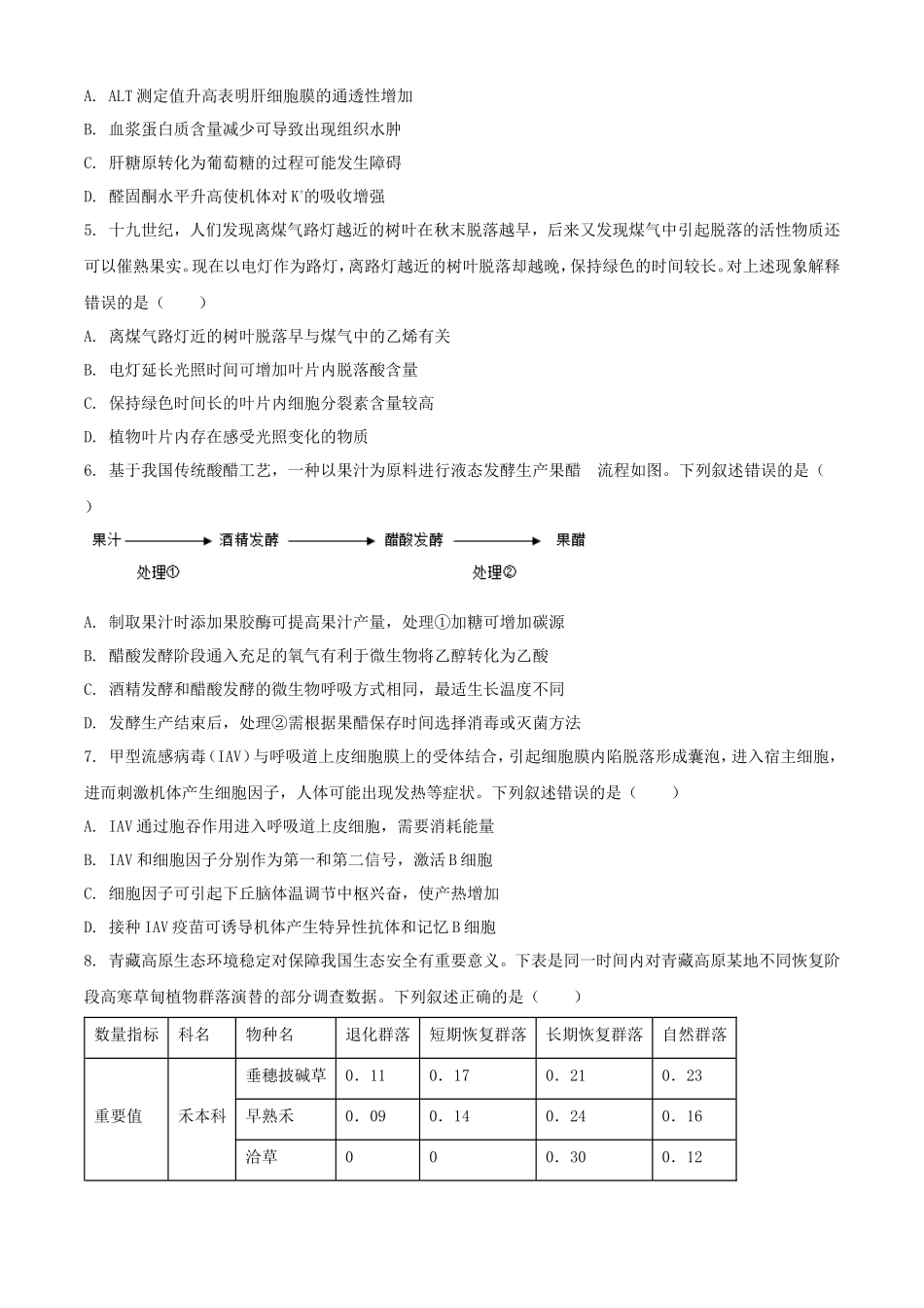 2025年1月青海高考适应性测试生物试题及答案(12页)_第2页