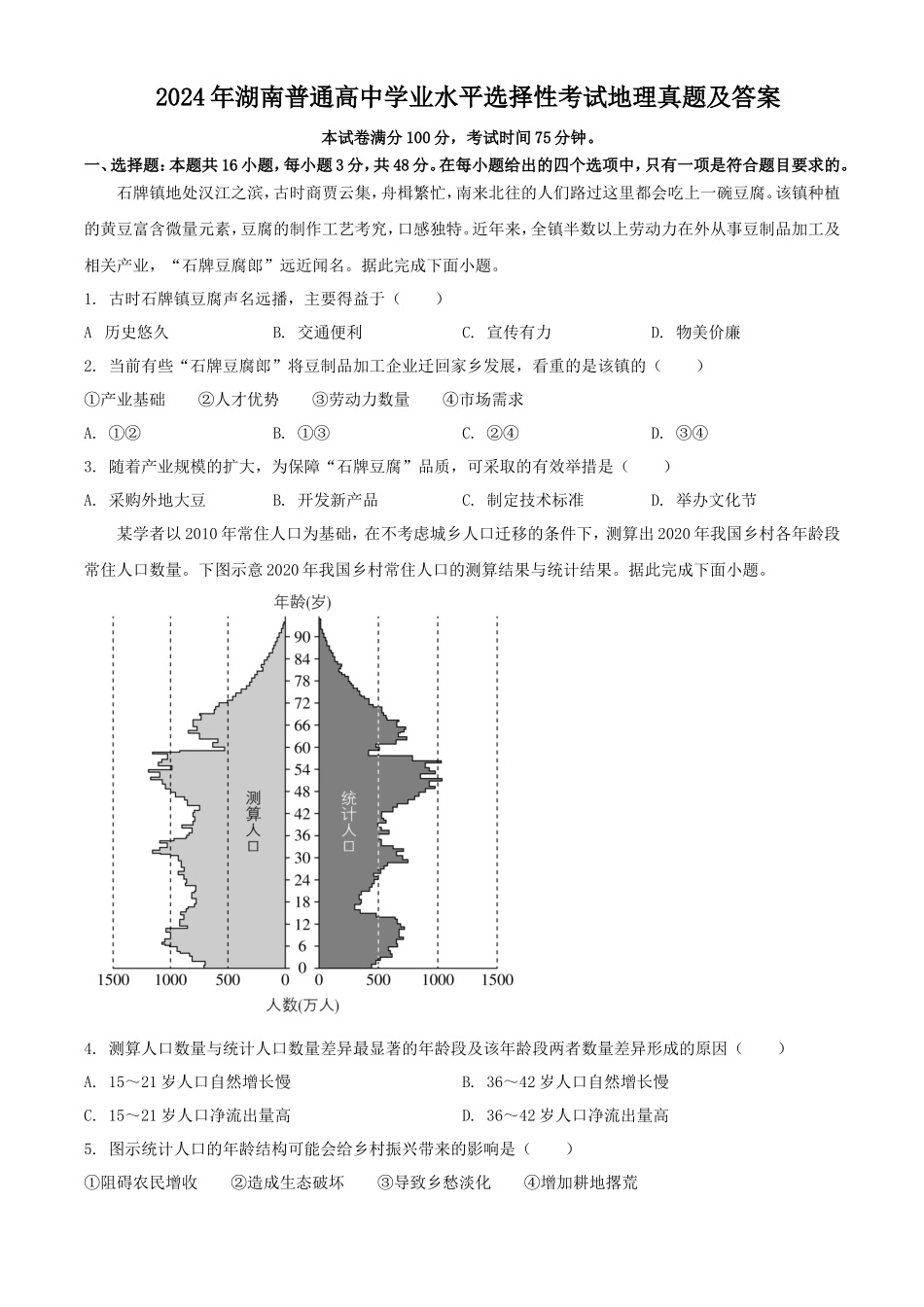 2024年湖南普通高中学业水平选择性考试地理真题及答案_第1页