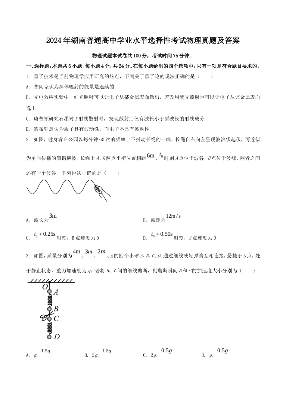 2024年湖南普通高中学业水平选择性考试物理真题及答案_第1页