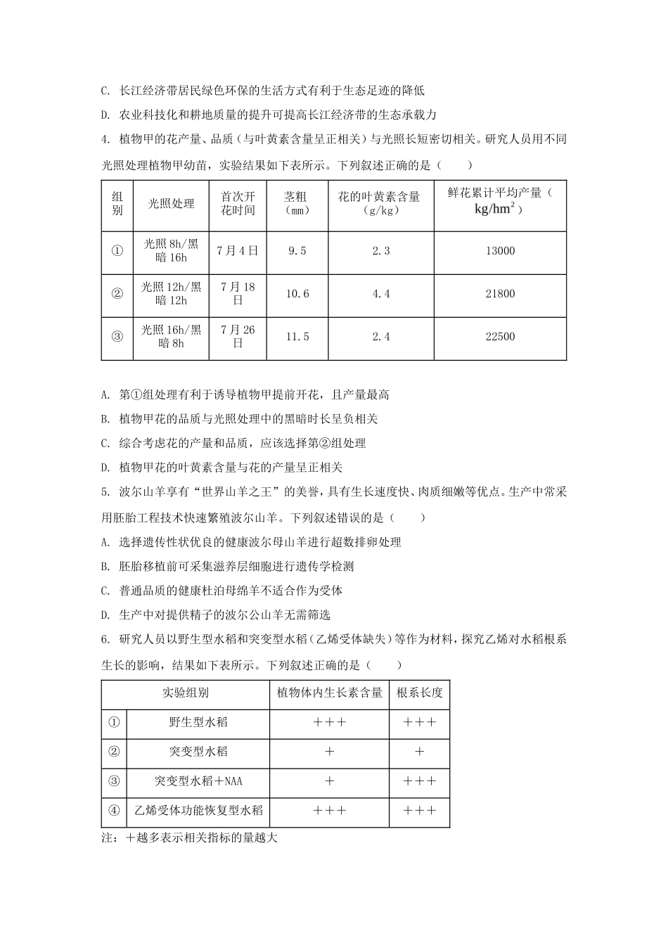 2024年湖北普通高中学业水平选择性考试生物真题及答案_第2页