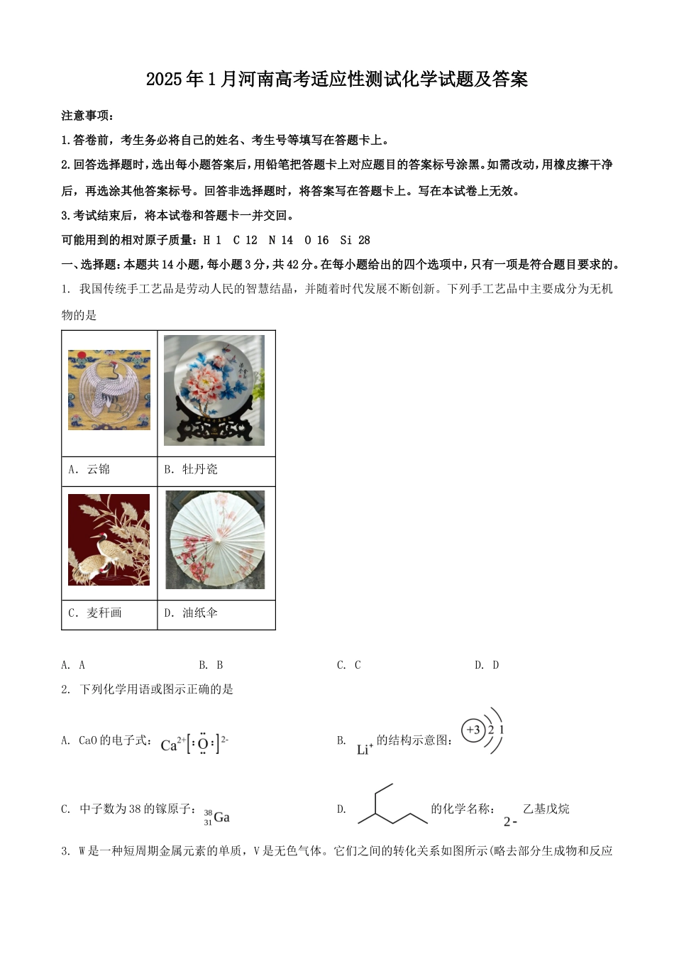2025年1月河南高考适应性测试化学试题及答案_第1页