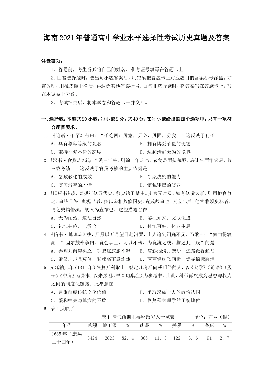 海南2021年普通高中学业水平选择性考试历史真题及答案_第1页