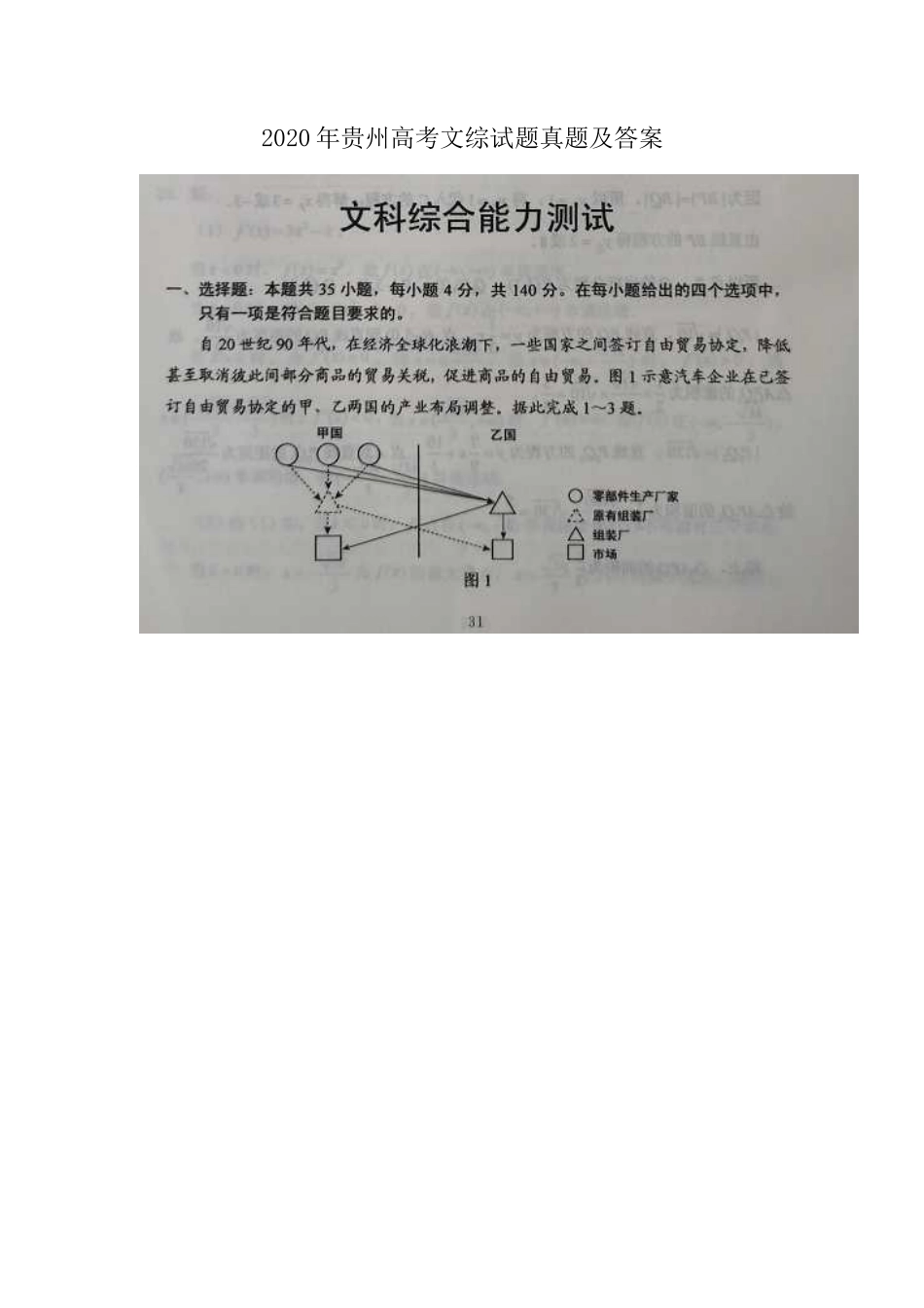 2020年贵州高考文综试题真题及答案_第1页