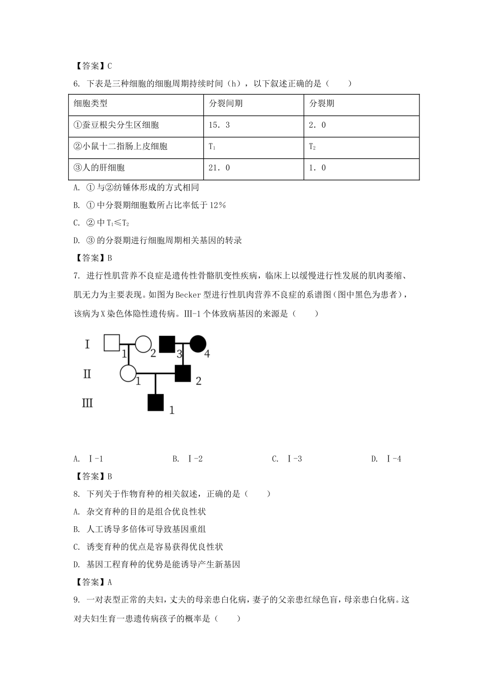 2021年重庆普通高中会考生物真题及答案_第2页
