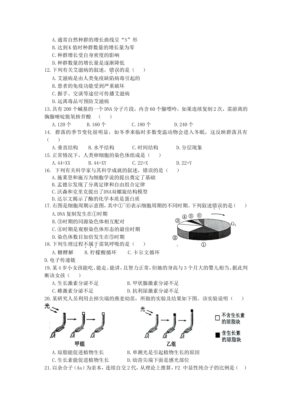 2013年浙江普通高中会考生物真题及答案_第2页