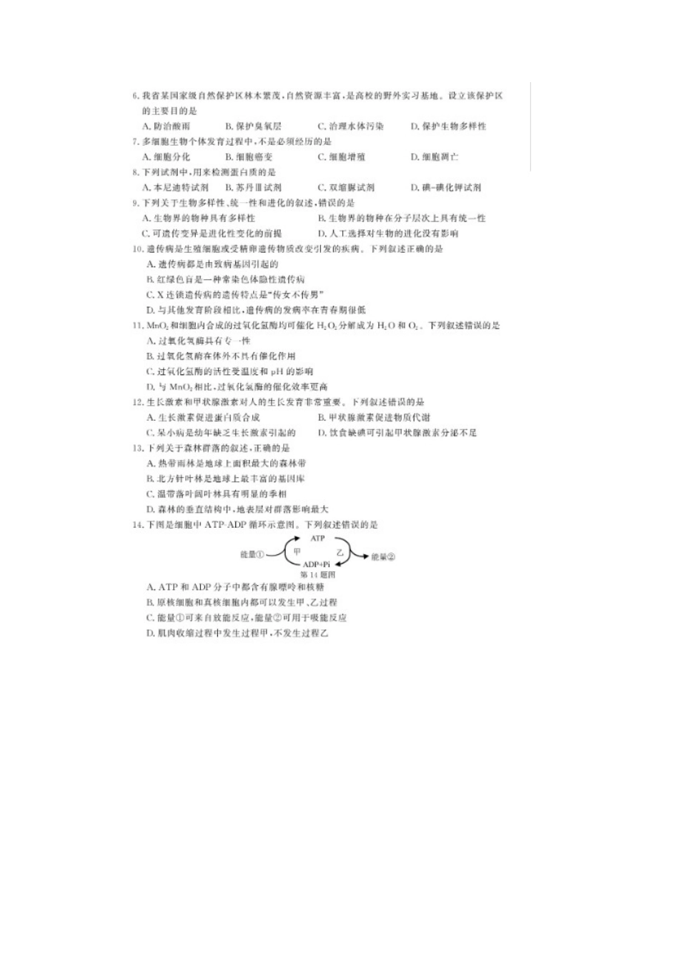 2021年1月浙江普通高中学考生物真题及答案_第2页