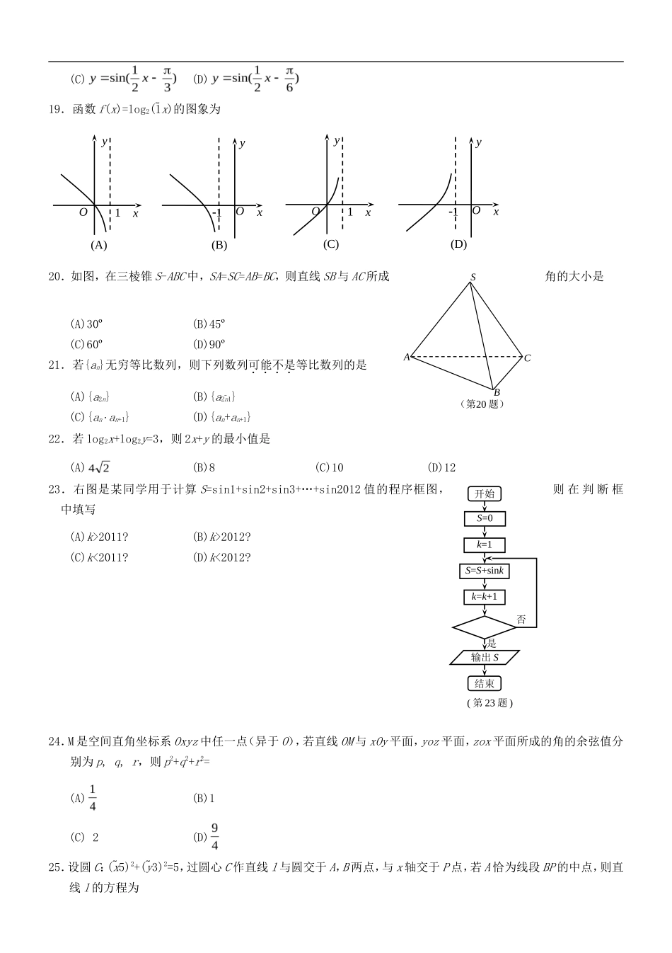 2012年浙江普通高中会考数学真题及答案_第3页