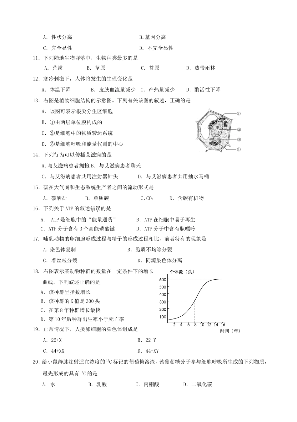 2015年浙江普通高中会考生物真题及答案_第2页