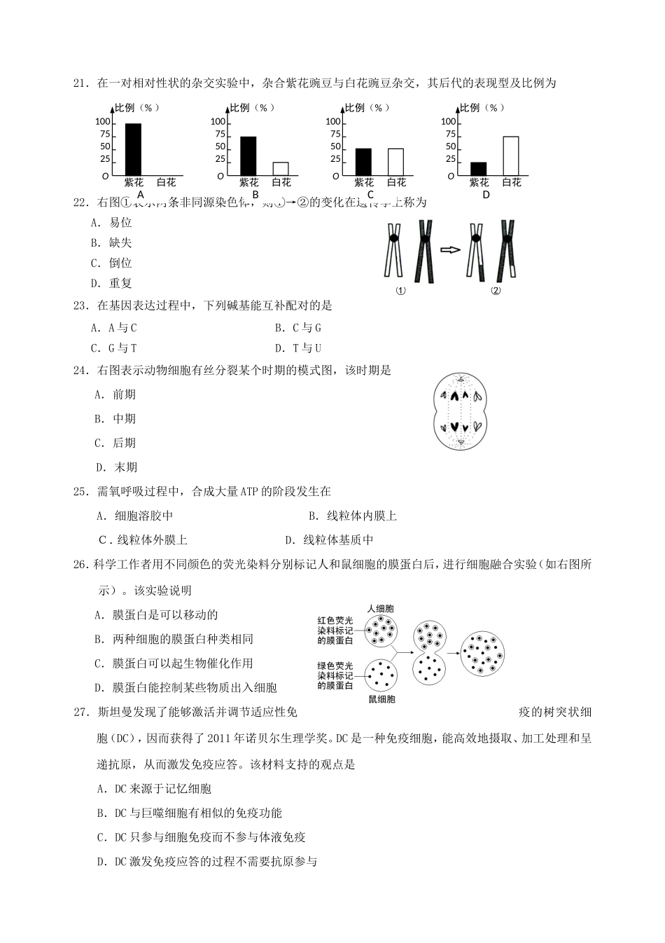 2015年浙江普通高中会考生物真题及答案_第3页