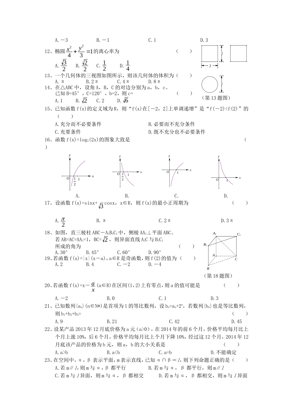 2015年浙江普通高中会考数学真题及答案_第2页