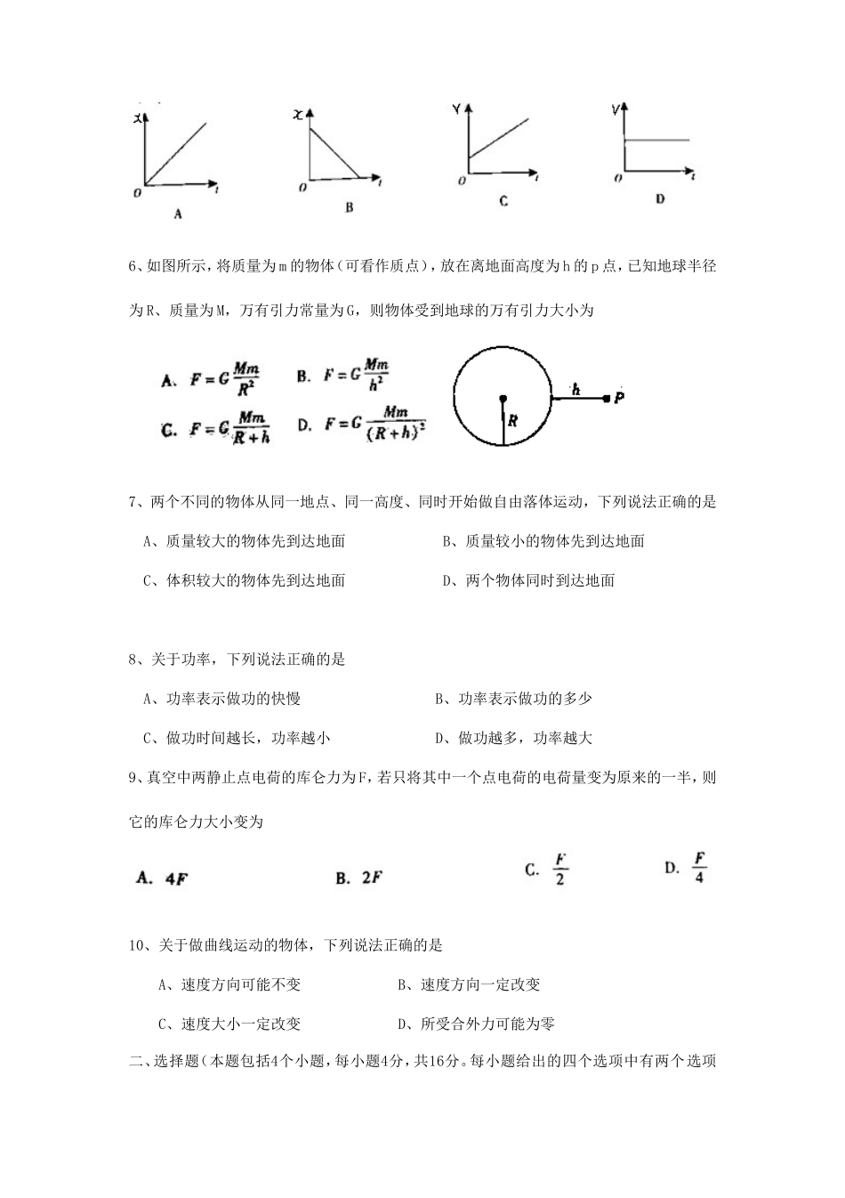 2017年云南普通高中会考物理考试真题_第2页