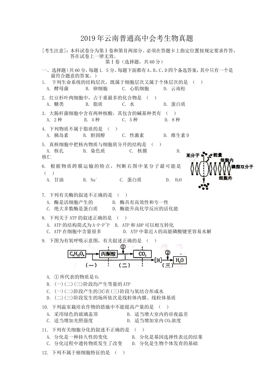 2019年云南普通高中会考生物真题_第1页