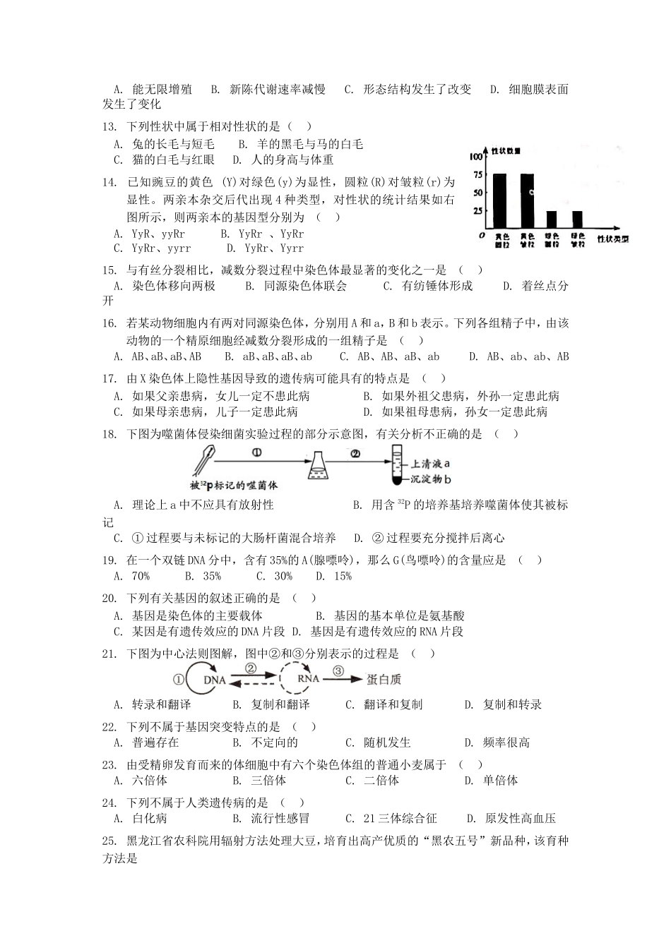 2019年云南普通高中会考生物真题_第2页