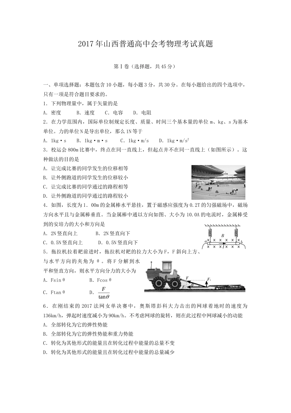 2017年山西普通高中会考物理考试真题_第1页