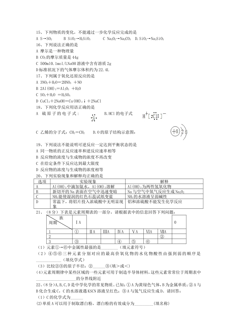 2020年山西普通高中会考化学真题及答案_第2页