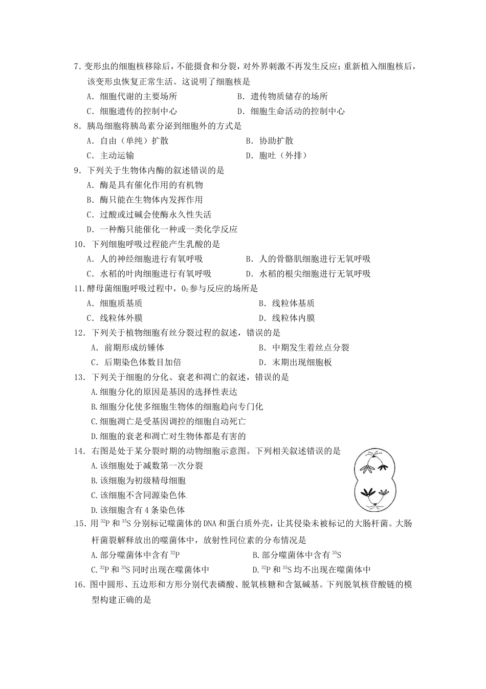 2019年山东普通高中会考生物真题_第2页