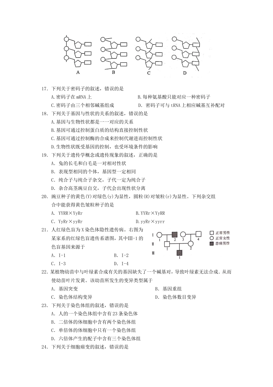 2019年山东普通高中会考生物真题_第3页