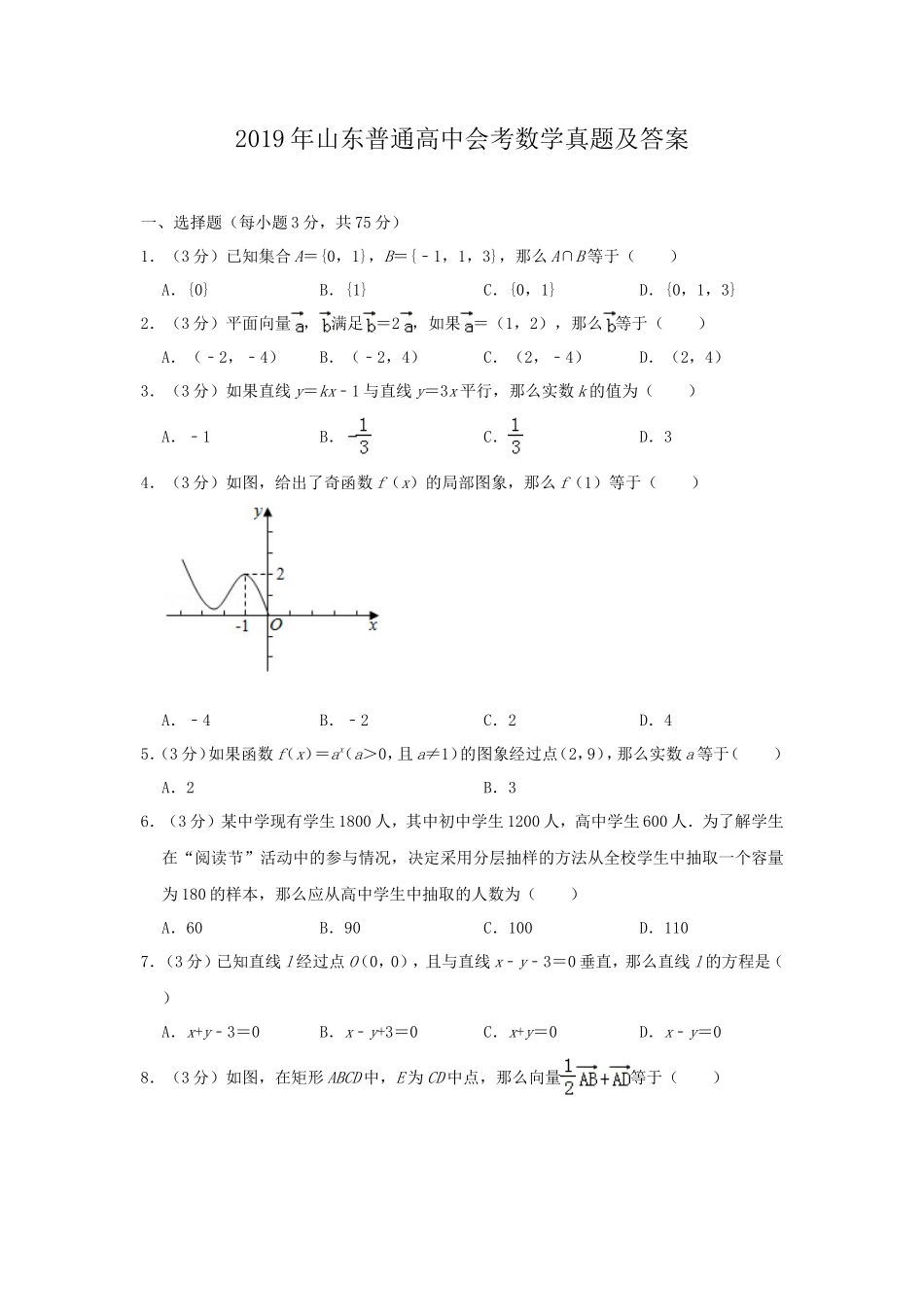 2019年山东普通高中会考数学真题及答案_第1页