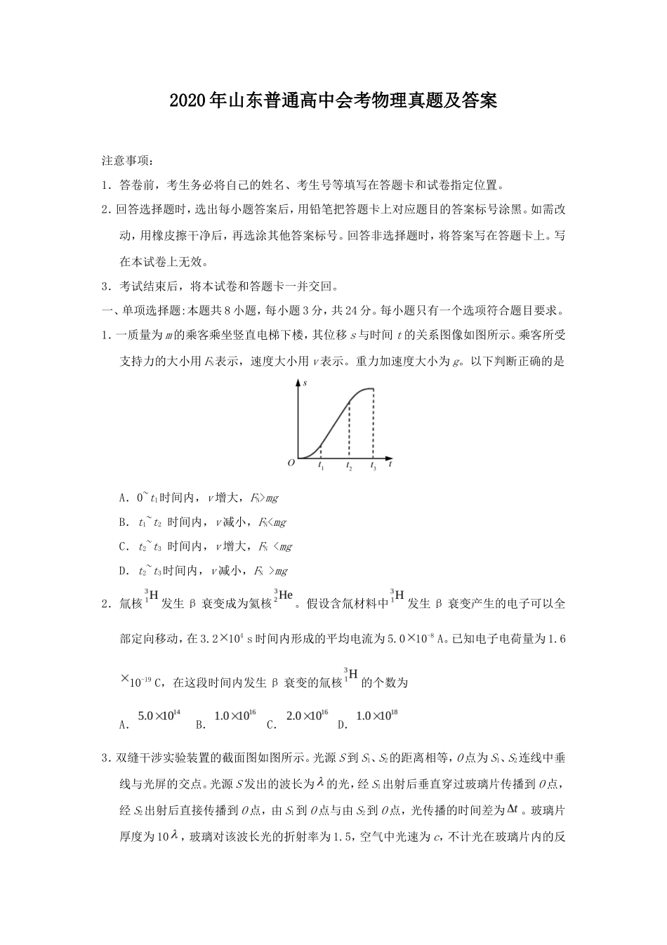 2020年山东普通高中会考物理真题及答案_第1页