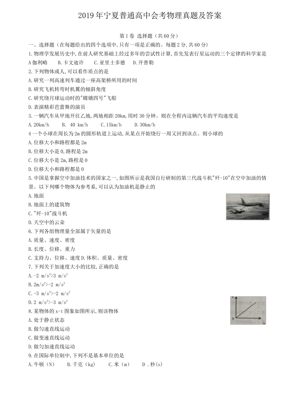 2019年宁夏普通高中会考物理真题及答案_第1页