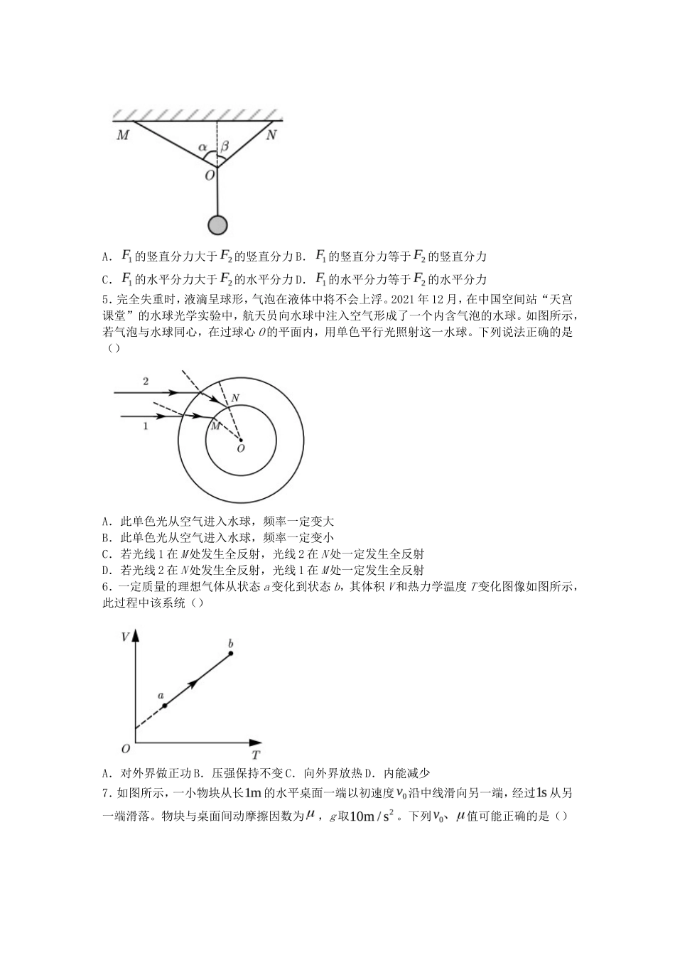 2022年辽宁普通高中学业水平等级性考试物理试题及答案_第2页