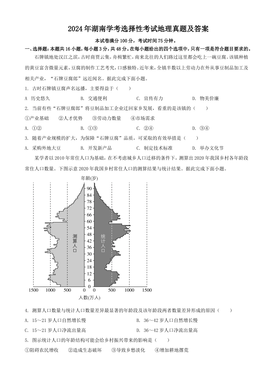 2024年湖南学考选择性考试地理真题及答案_第1页
