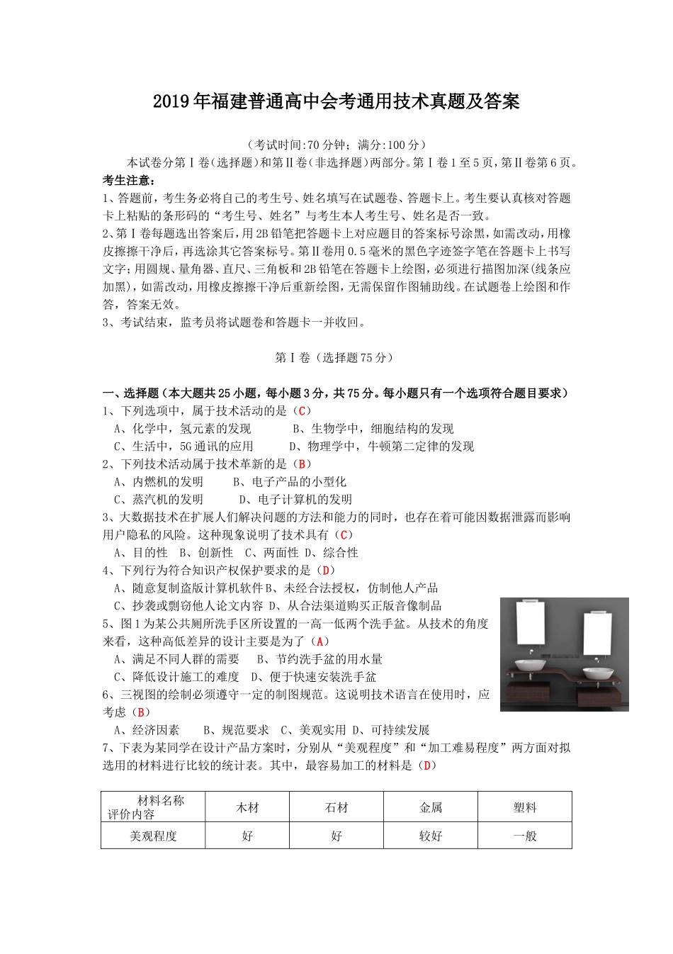 无忧考网_2019年福建普通高中会考通用技术真题及答案_第1页