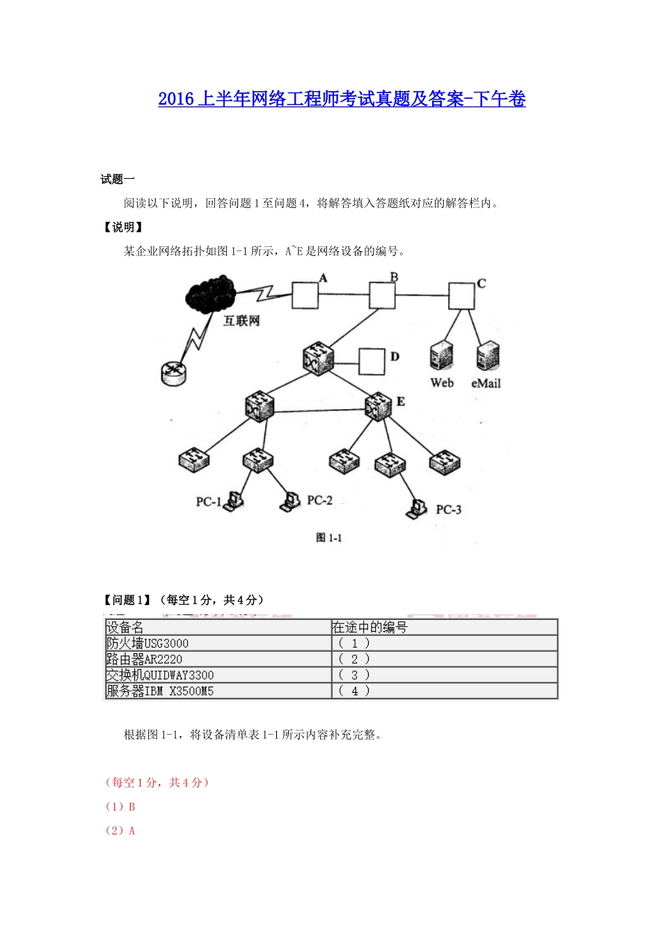 2016上半年网络工程师考试真题及答案-下午卷_第1页