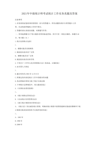 2021年中级统计师考试统计工作实务真题及答案