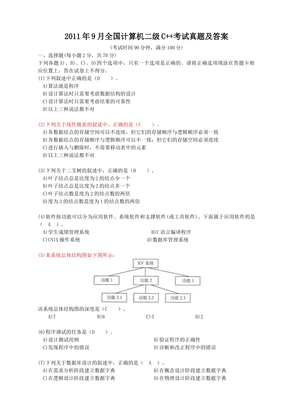 2011年9月全国计算机二级C++考试真题及答案_第1页
