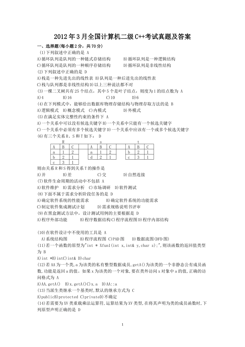 2012年3月全国计算机二级C++考试真题及答案_第1页