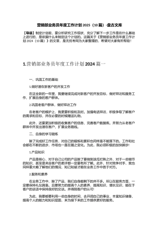 营销部业务员年度工作计划2025（10篇）