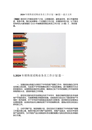 2024年销售部采购业务员工作计划（10篇）