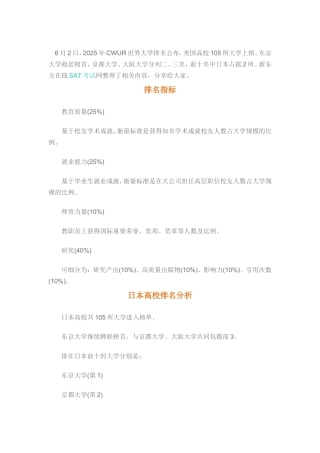 2025CWUR世界大学排行榜：日本大学排名105所