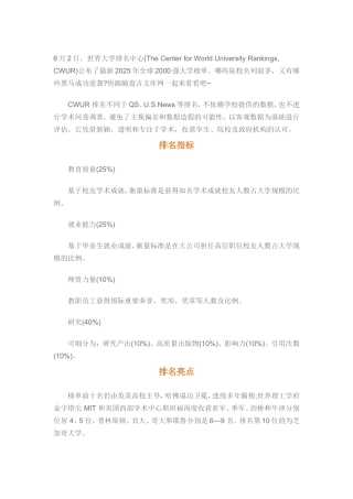 重磅！2025CWUR世界大学排名发布！英美高校霸榜TOP10