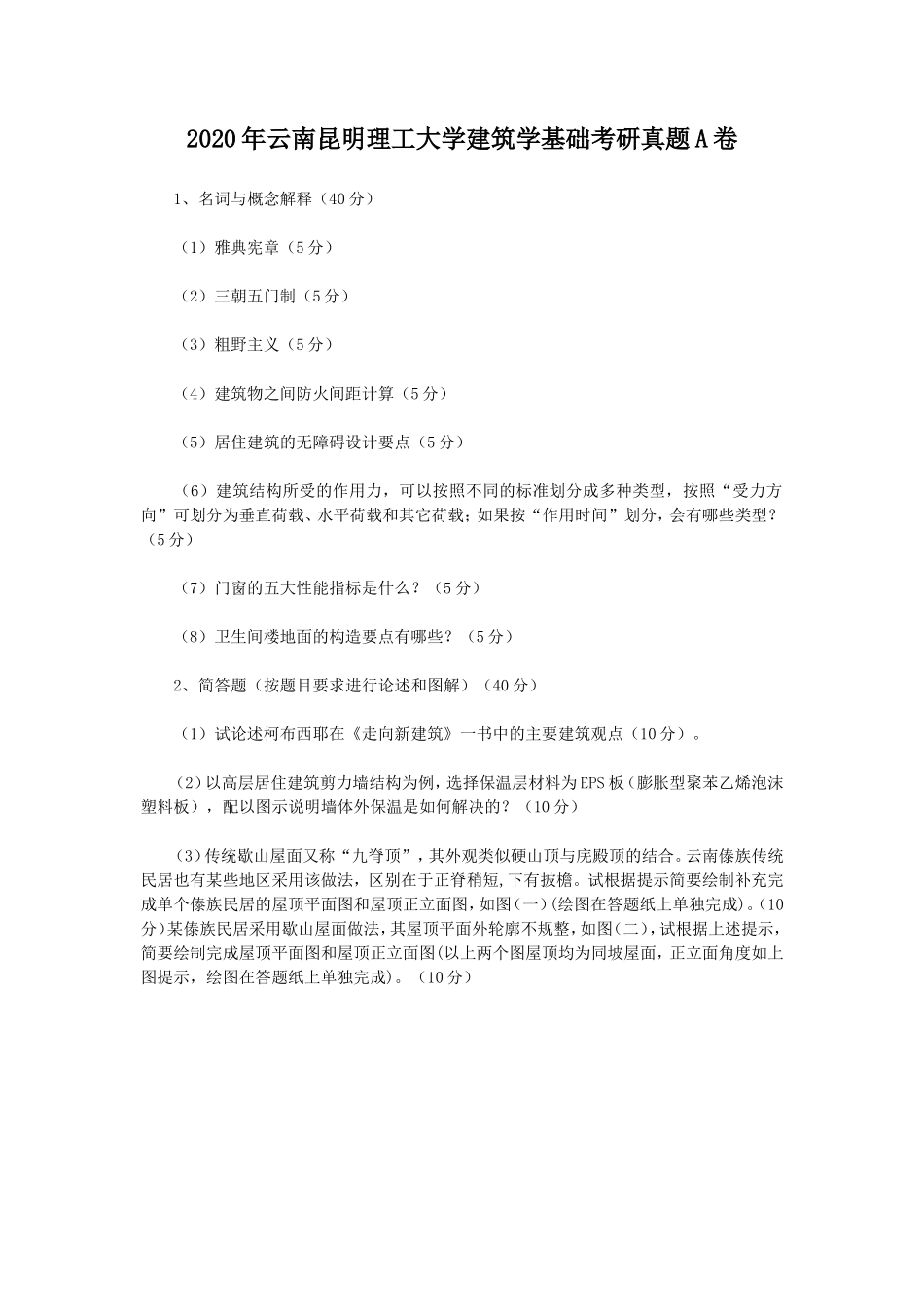2020年云南昆明理工大学建筑学基础考研真题A卷_第1页
