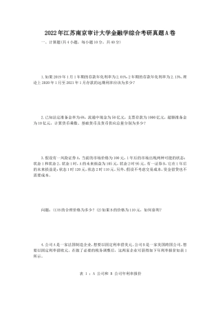 2022年江苏南京审计大学金融学综合考研真题A卷