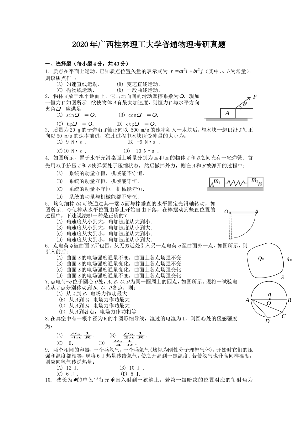 2020年广西桂林理工大学普通物理考研真题_第1页