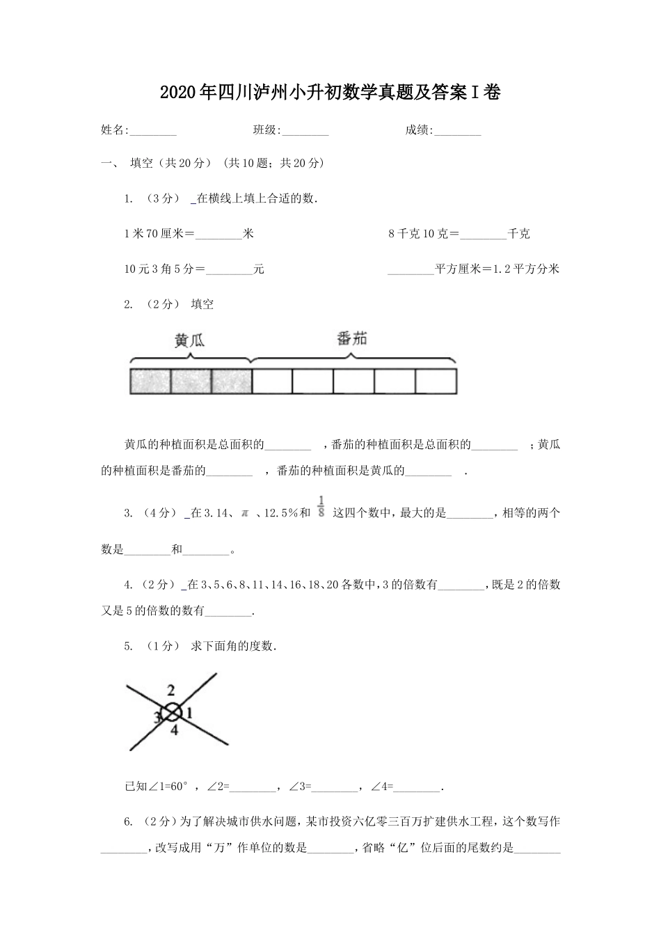 2020年四川泸州小升初数学真题及答案I卷_第1页
